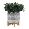 CERAMIC 10" AZTEC PLANTER ON WOODEN STAND, GRAY