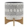 CERAMIC 10" AZTEC PLANTER ON WOODEN STAND, GRAY