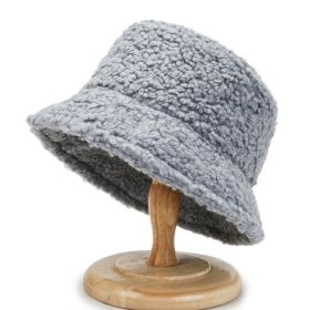 2021 Women's Harajuku Bucket Hat Solid Color Women Men Fishing Fisherman Hats Autumn Winter Lamb Wool Outdoor Warm Panama Cap (Color: Gray)