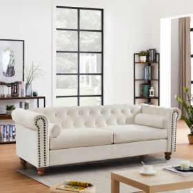 Classic Traditional Living Room Upholstered Sofa with high-tech Fabric Surface/ Chesterfield Tufted Fabric Sofa Couch (Color: White)